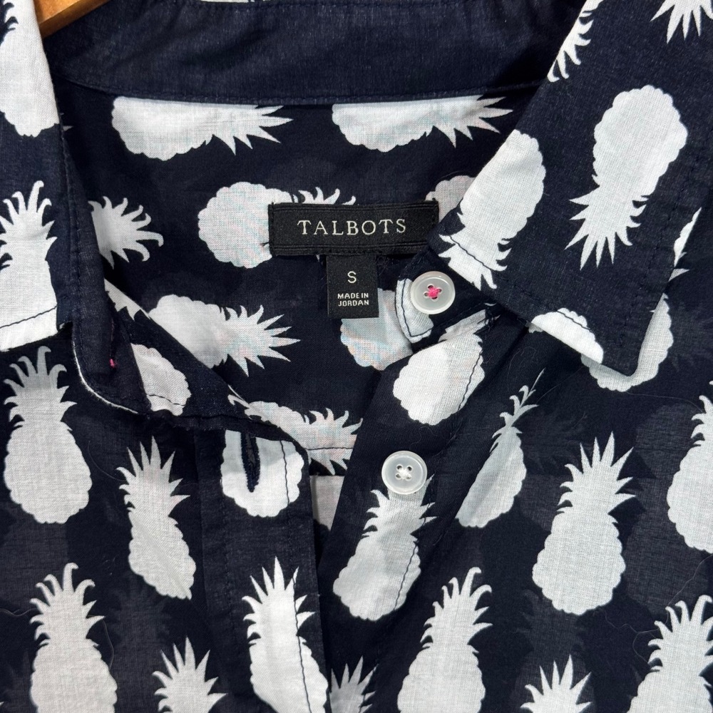 Talbots Button Down Women S Navy Pineapple Print Long Sleeve Cotton Blouse Top - Picture 4 of 9